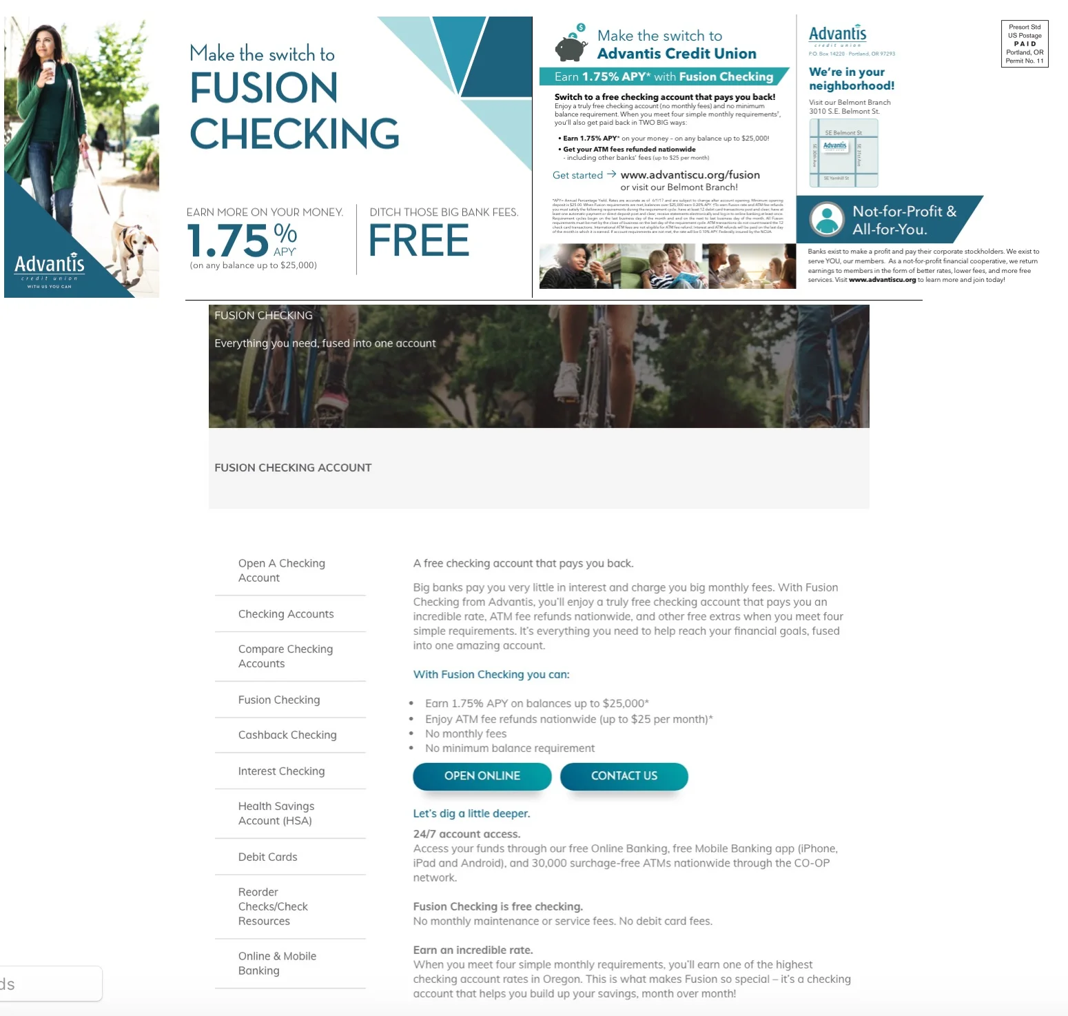Top: Fusion Checking mailer front & back. Download this asset. Bottom: Excerpt of Fusion Checking landing page . Download this asset.