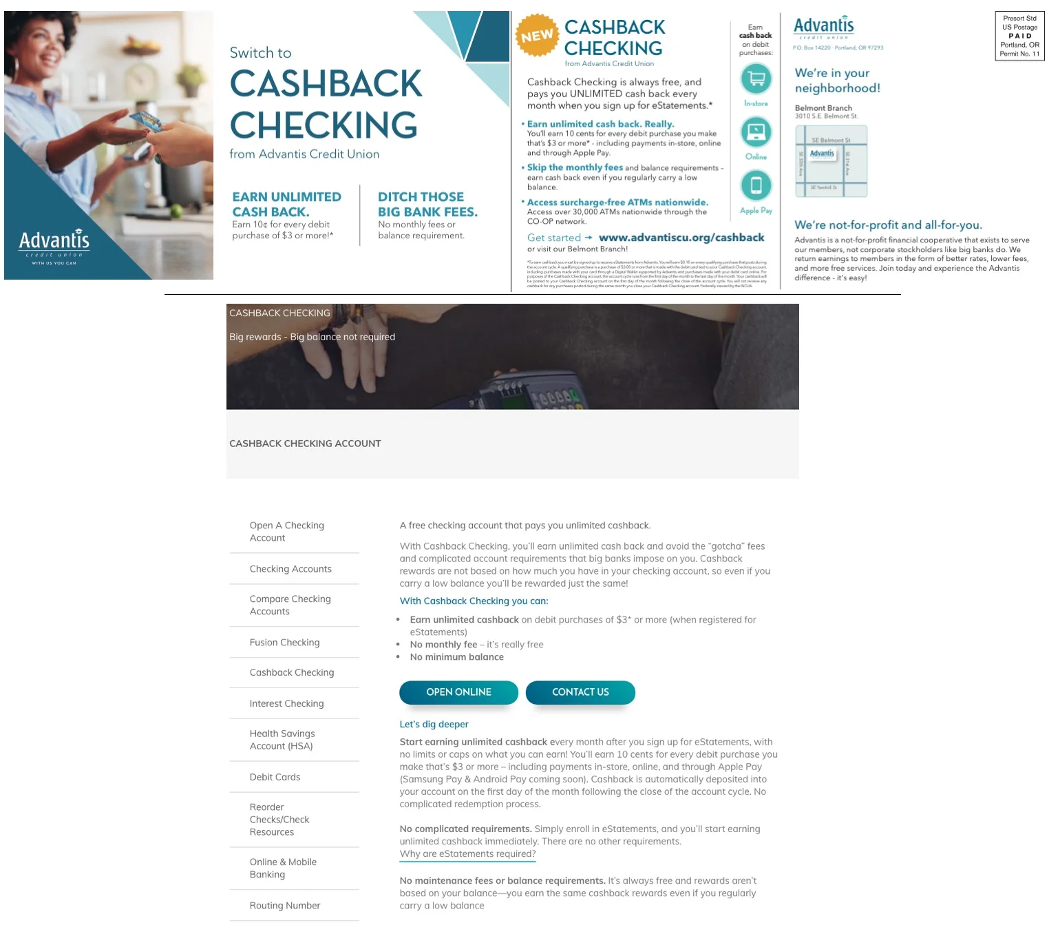 Top: Cashback Checking mailer front & back. Download this asset. Bottom: Excerpt of Cashback Checking landing page . Download this asset.
