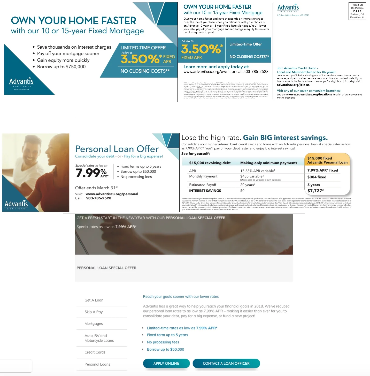 Top: 10- or 15-Year Fixed Mortgage mailer front & back. Download this asset. Middle: Personal Loan statement stuffer. Download this asset. Bottom: Excerpt of Personal Loan Offer landing page. Download this asset.