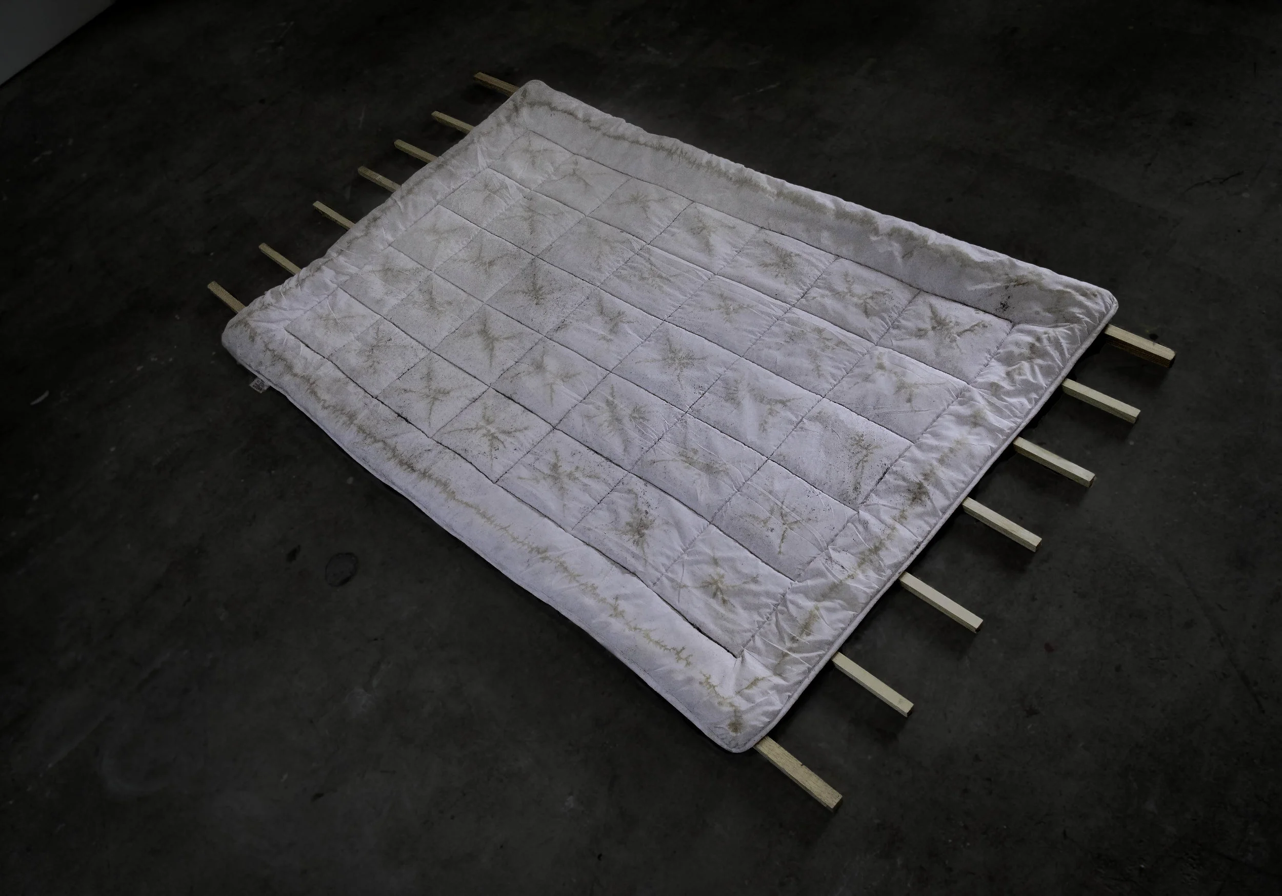 Steeping Still , 2016. From the Steeping performance done at Stiftung Insel Hombroich in Neuss, Germany. Coffee on bed bed cover on top of wood frame, 53 x 78 inches (135 x 200 cm).