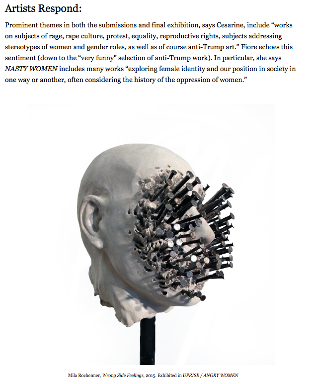 2017 Andrea Alessi, "Rise Up, Nasty Woman: Artists Respond to Trump", ArtSlant , New York.