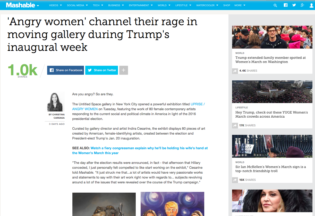 2017 Critina Careaga, "Angry Women" Channel their rage in moving gallery during Trumps inauguration week" , Washable. On-line magazine . 