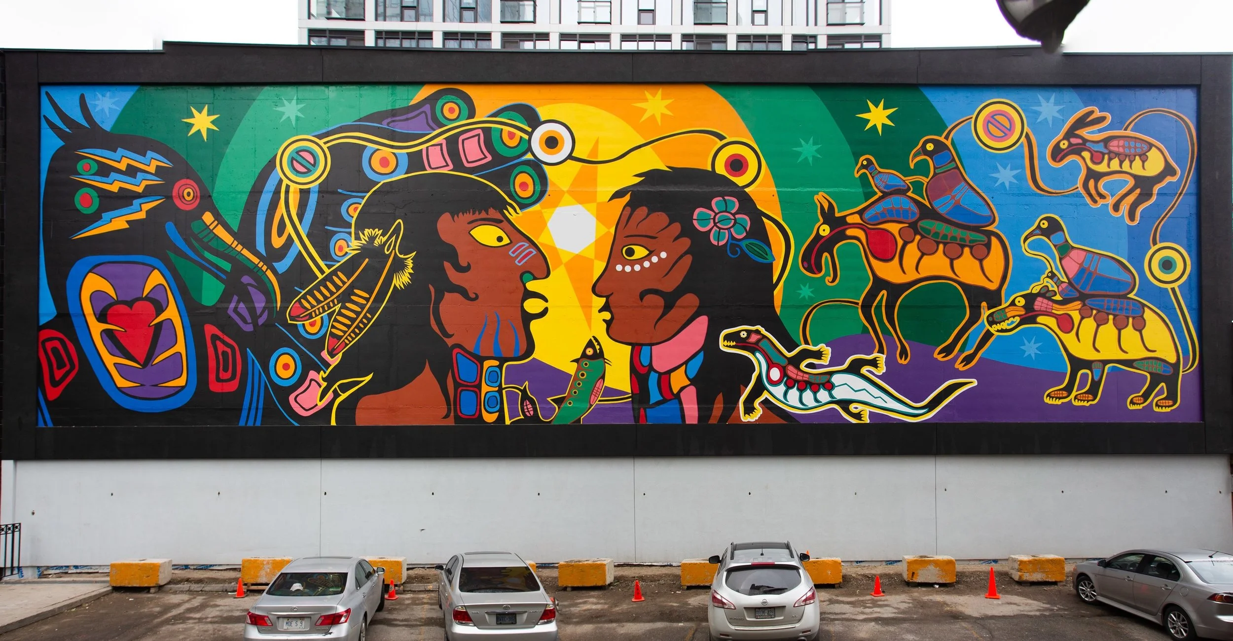  “The Original Family”  Mural is located at Jarvis and Dundas St E, Toronto This project was completed by a team of artists working with Phil Cote, Nelly aka iamBauhuasGirl and Will Lazos Assistant Artists Include : myself, Cesar Ar/Neuromantix, Aman