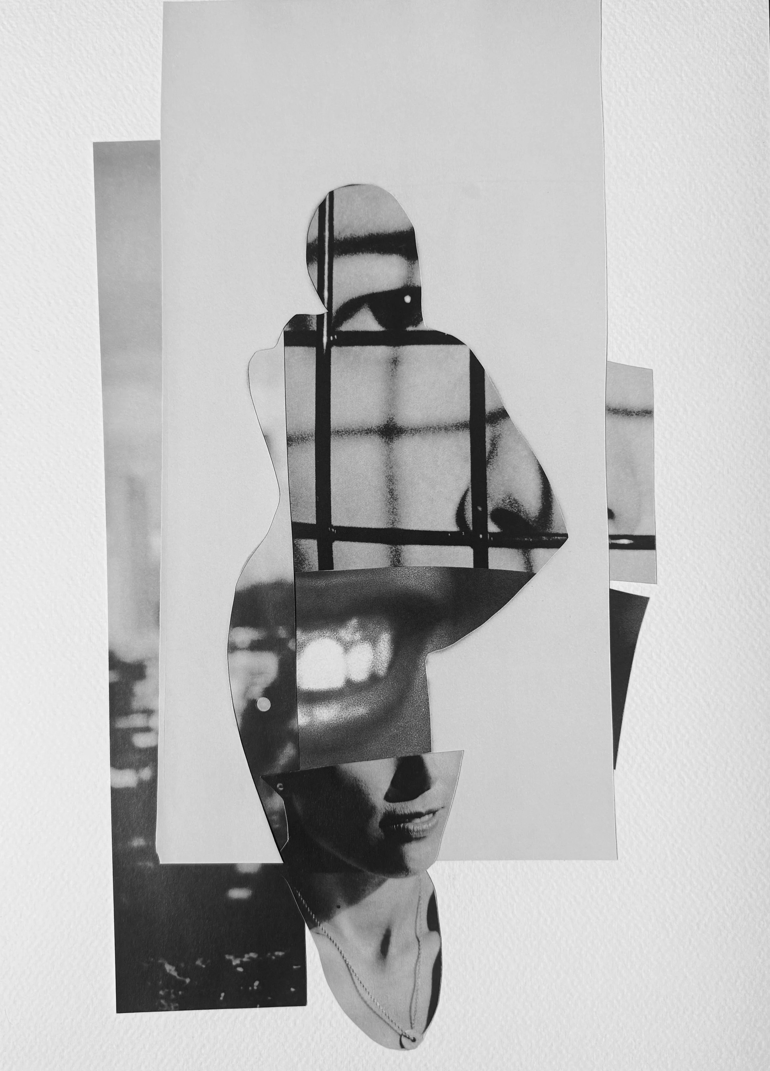  Silhouettes and Shadows 5 Black and white collage on acid free, cold pressed paper, 11” x 14,” 2025 