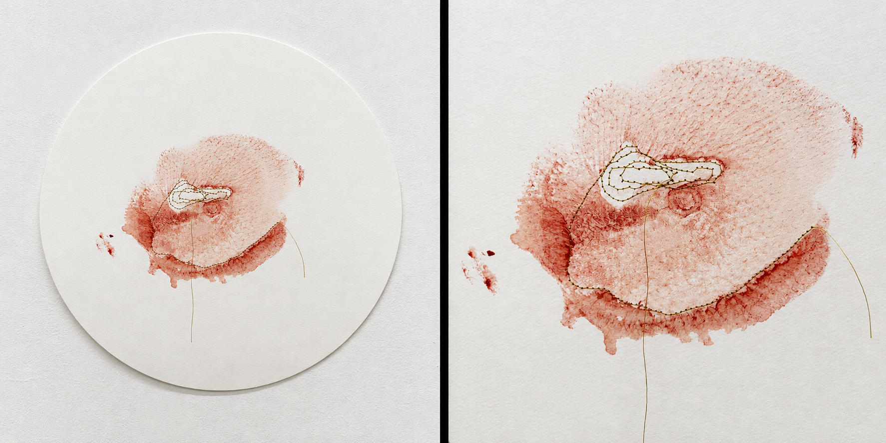  Heart Print 1  Breast print with earth paint and acrylic, gold thread stitching on Fabriano paper&nbsp;  12” x 12”  2025    