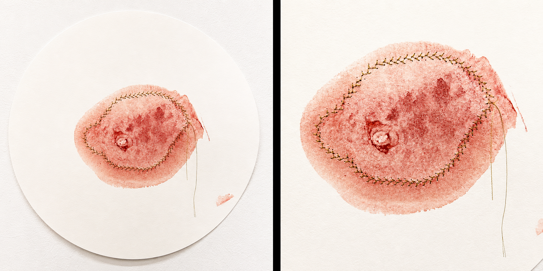  Heart Print 3  Breast print with earth paint and acrylic, gold thread stitching on Fabriano paper&nbsp;  12” x 12”  2025 