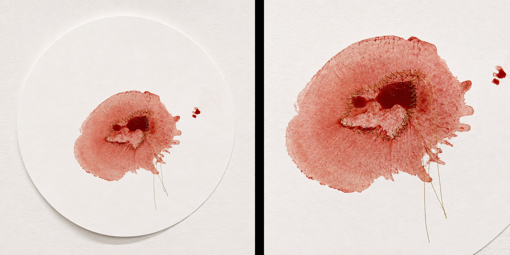  Heart Print 4  Breast print with earth paint and acrylic, gold thread stitching on Fabriano paper&nbsp;  12” x 12”  2025 