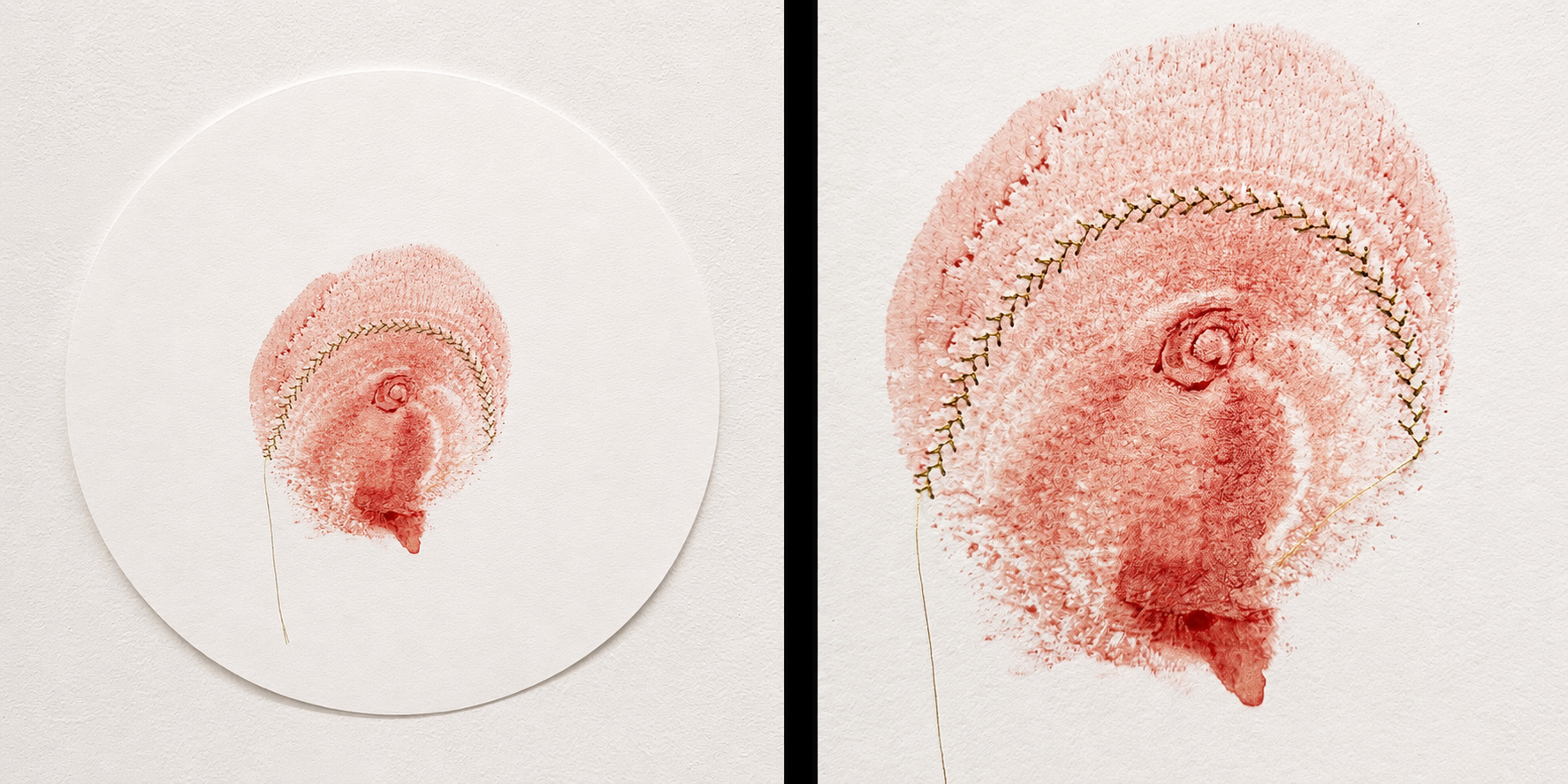  Heart Print 6  Breast print with earth paint and acrylic, gold thread stitching on Fabriano paper&nbsp;  12” x 12”  2025 