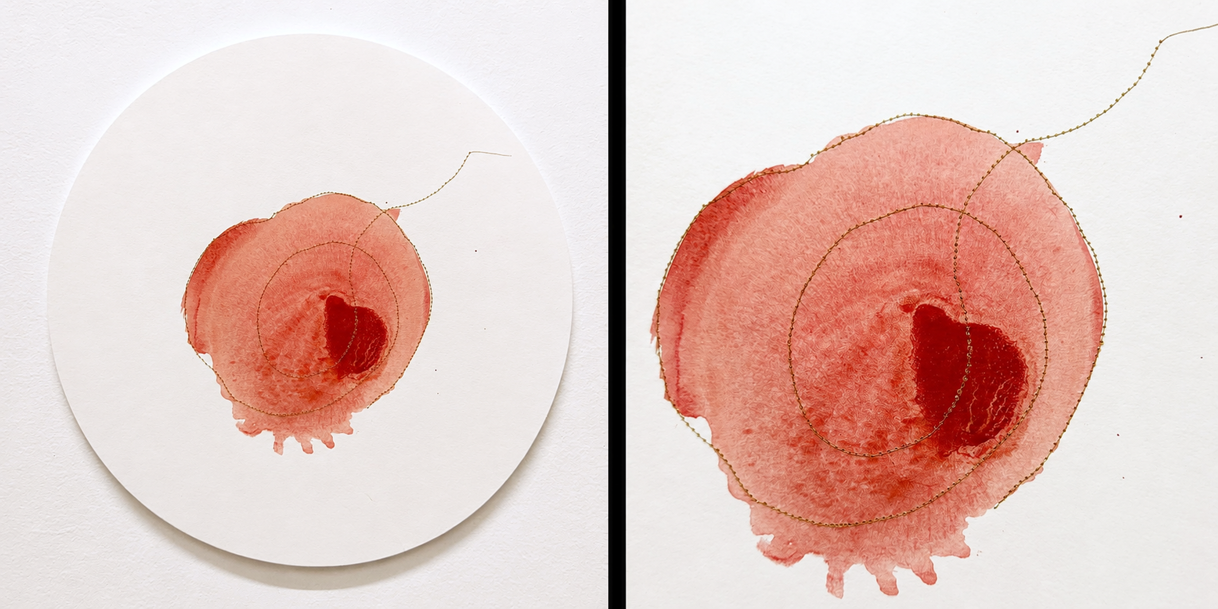  Heart Print 8  Breast print with earth paint and acrylic, gold thread stitching on Fabriano paper&nbsp;  12” x 12”  2025 