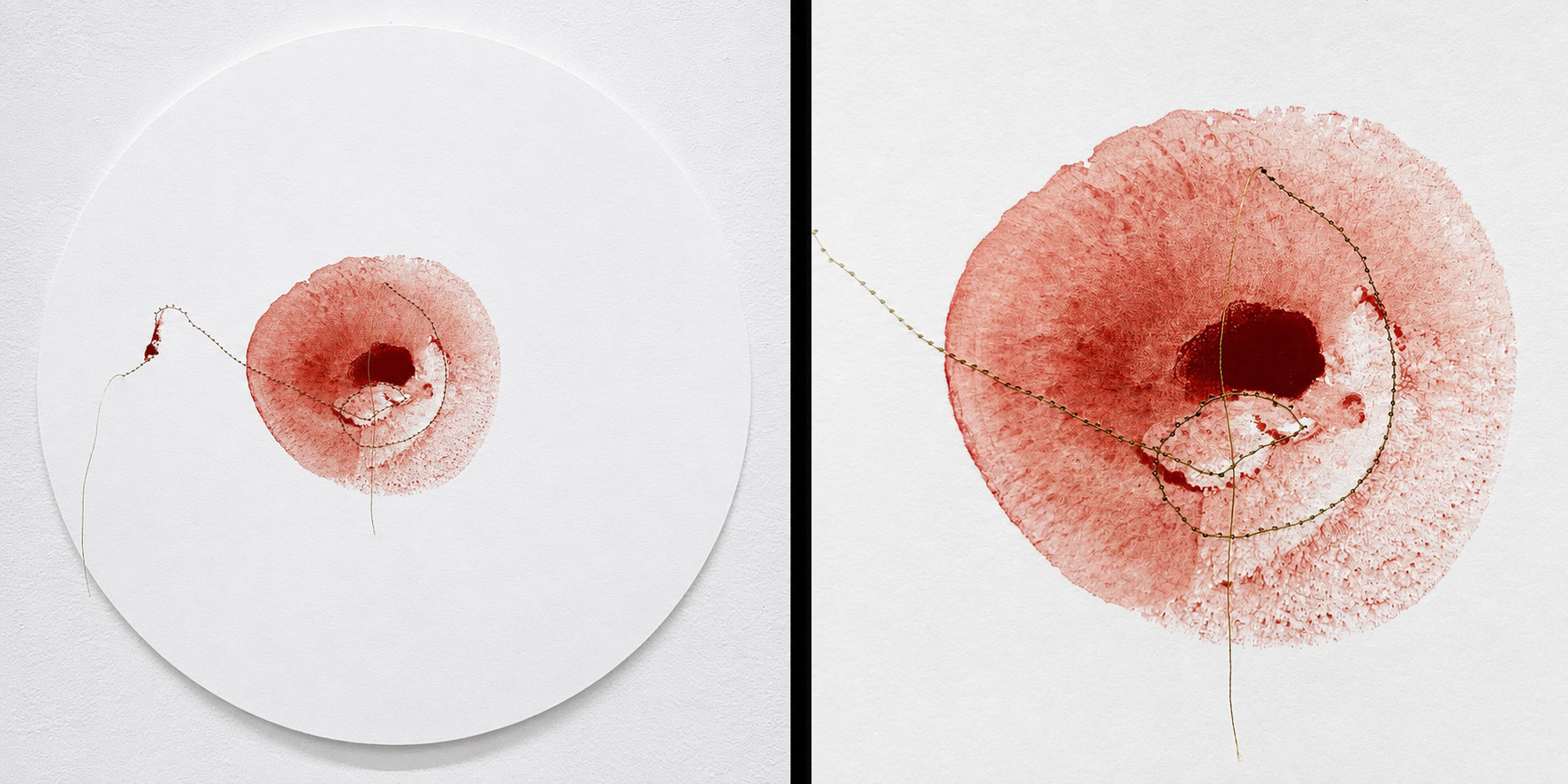  Heart Print 13  Breast print with earth paint and acrylic, gold thread stitching on Fabriano paper&nbsp;  12” x 12”  2025 