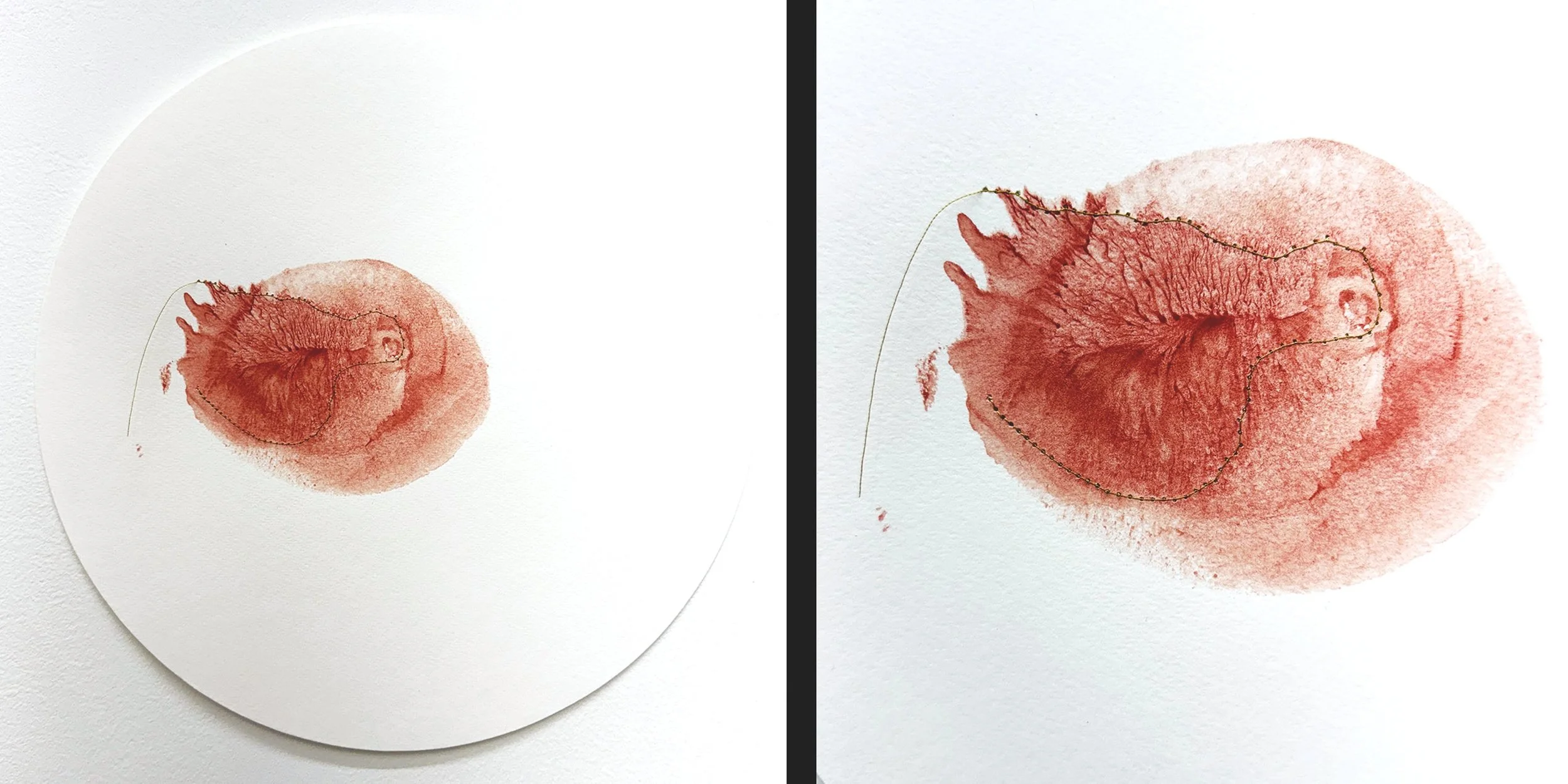  Heart Print 17  Breast print with earth paint and acrylic, gold thread stitching on Fabriano paper&nbsp;  12” x 12”  2025 