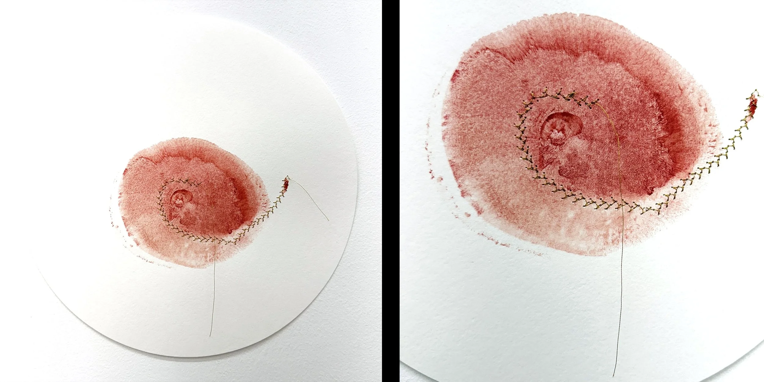  Heart Print 18  Breast print with earth paint and acrylic, gold thread stitching on Fabriano paper&nbsp;  12” x 12”  2025 