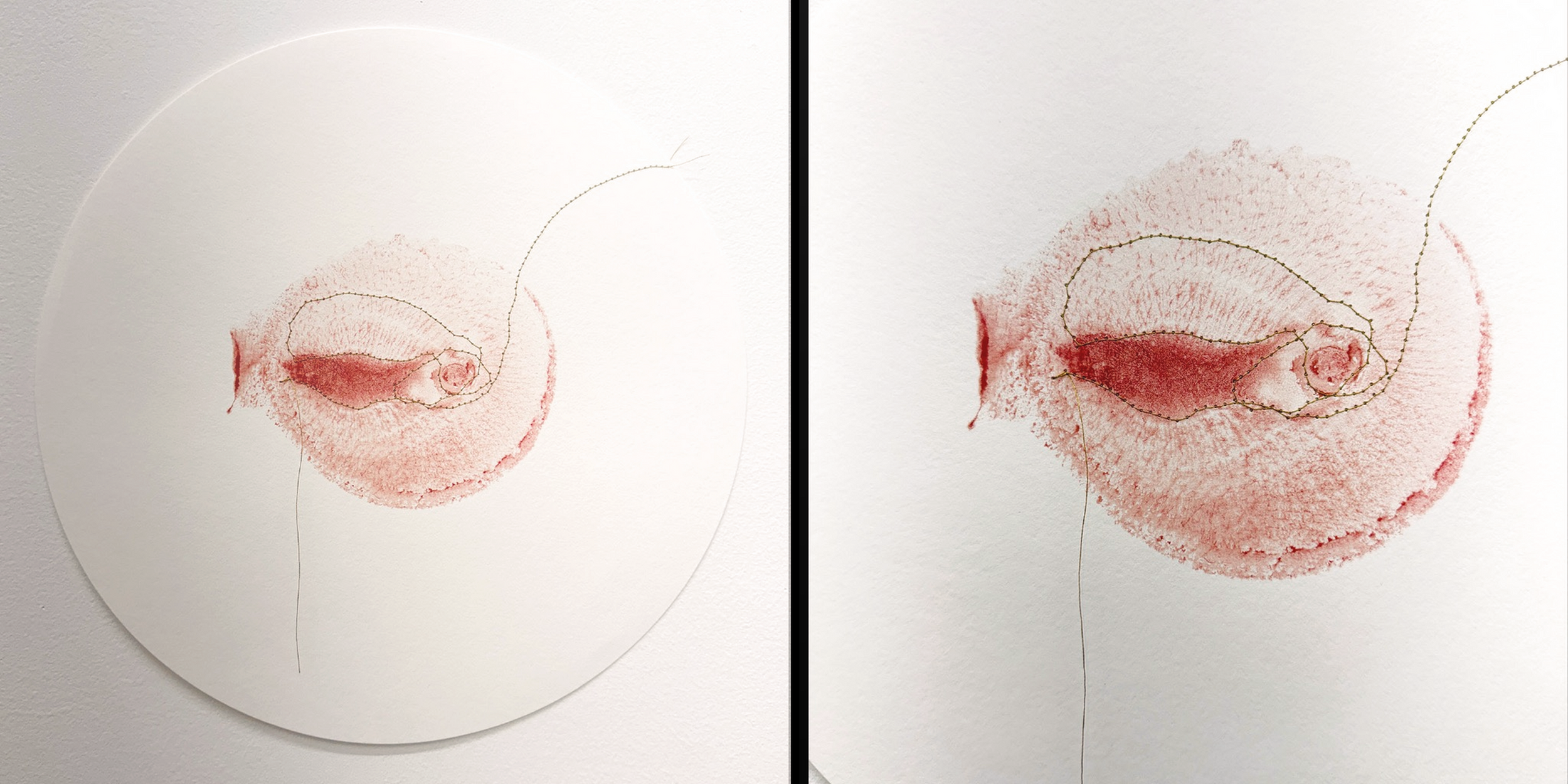  Heart Print 16  Breast print with earth paint and acrylic, gold thread stitching on Fabriano paper&nbsp;  12” x 12”  2025 