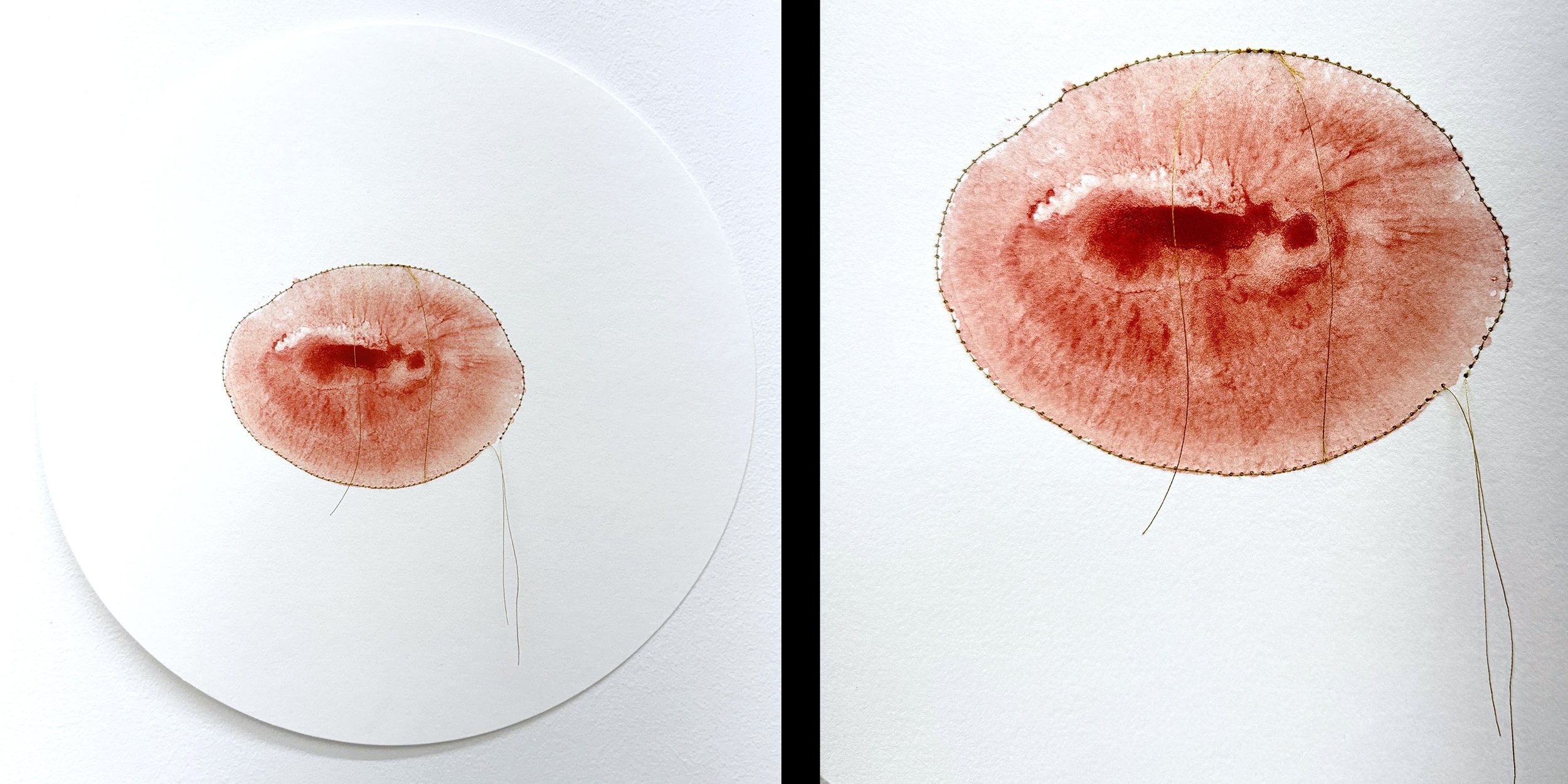  Heart Print 19  Breast print with earth paint and acrylic, gold thread stitching on Fabriano paper&nbsp;  12” x 12”  2025 