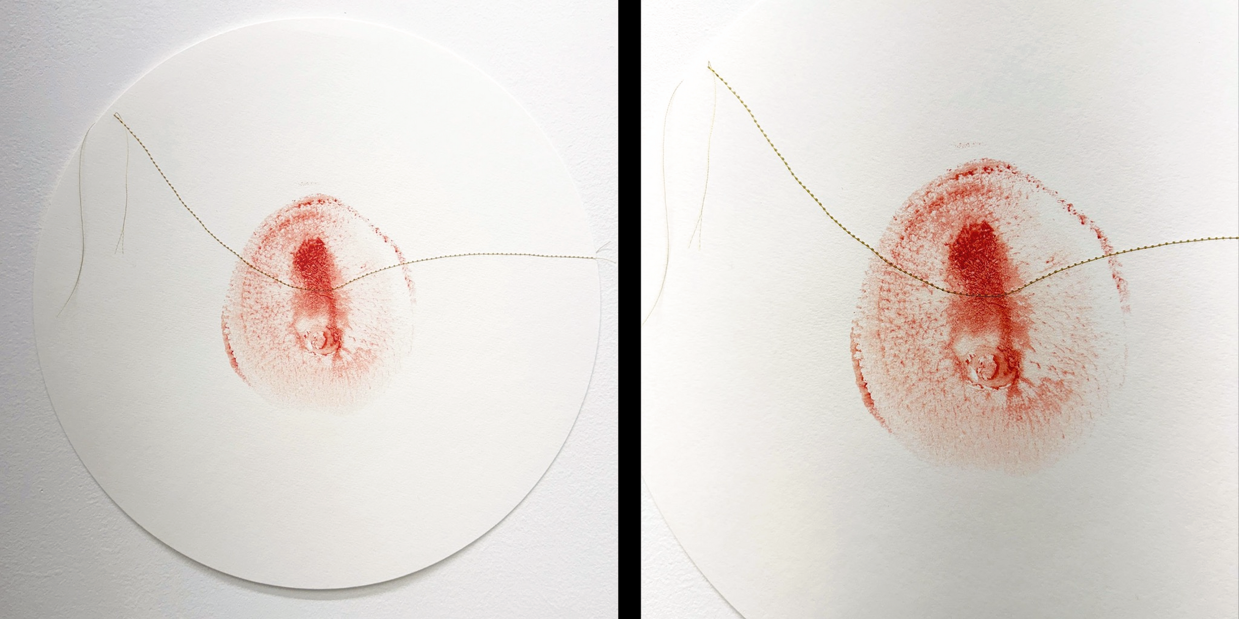 Heart Print 20  Breast print with earth paint and acrylic, gold thread stitching on Fabriano paper&nbsp;  12” x 12”  2025 