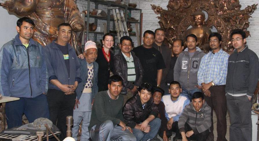 Drdak with Rudra Raj, his sons Rajkumar, Drdak's guru Rabindra and Rajendra, grandson Swarup and artisans of the Shakya's atelier in 2012.