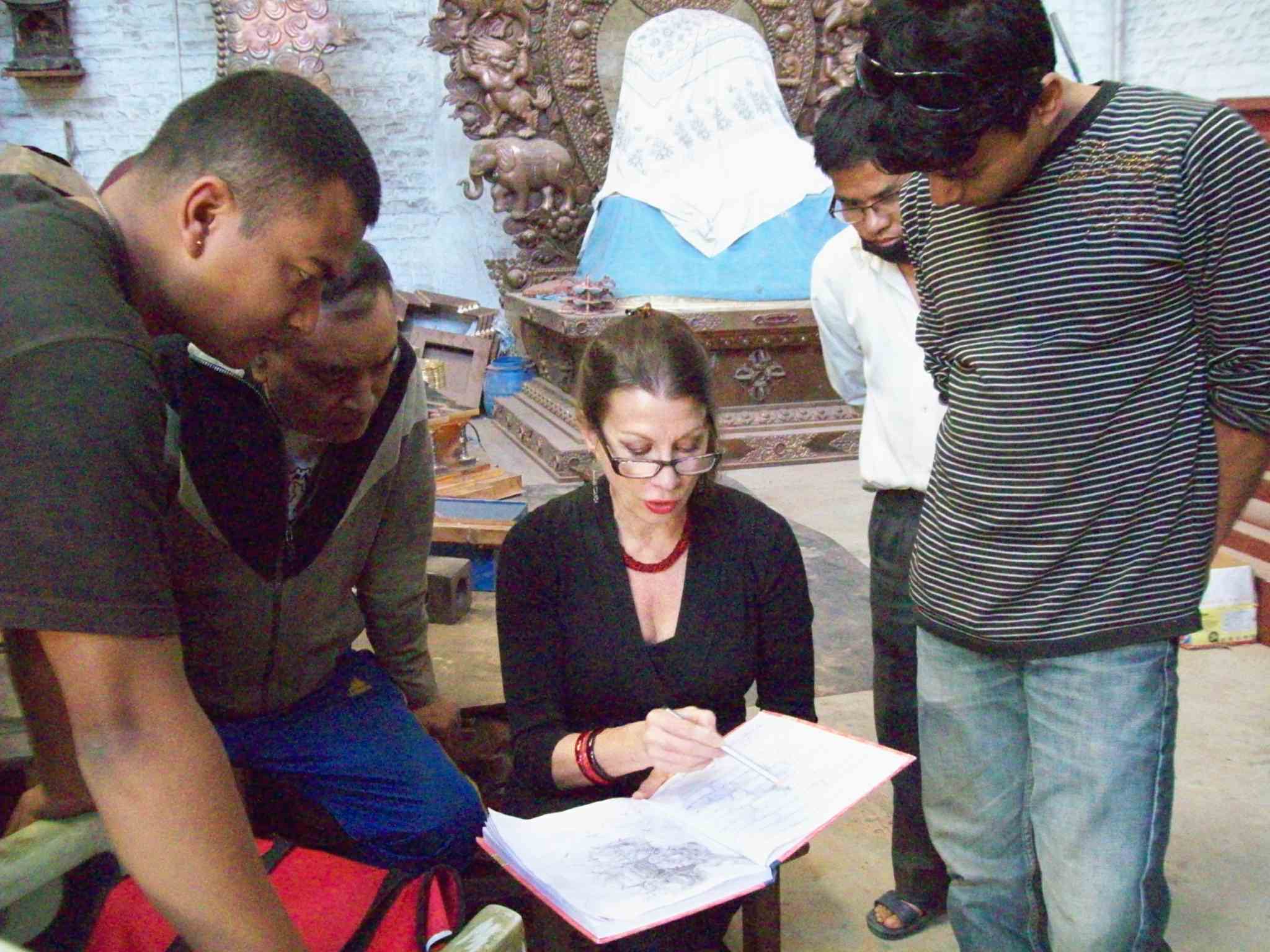 Drdak explains new project to the artisans of Rabindra Shakya's Image Atelier, Patan, 2015.