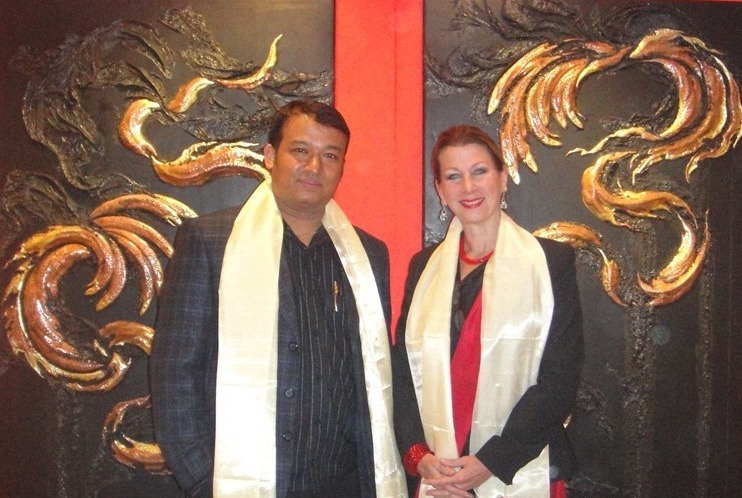 Drdak with her guru, Master Rabindra Shakya with "The Flying Nagas," Siddhartha Art Gallery, 2012.