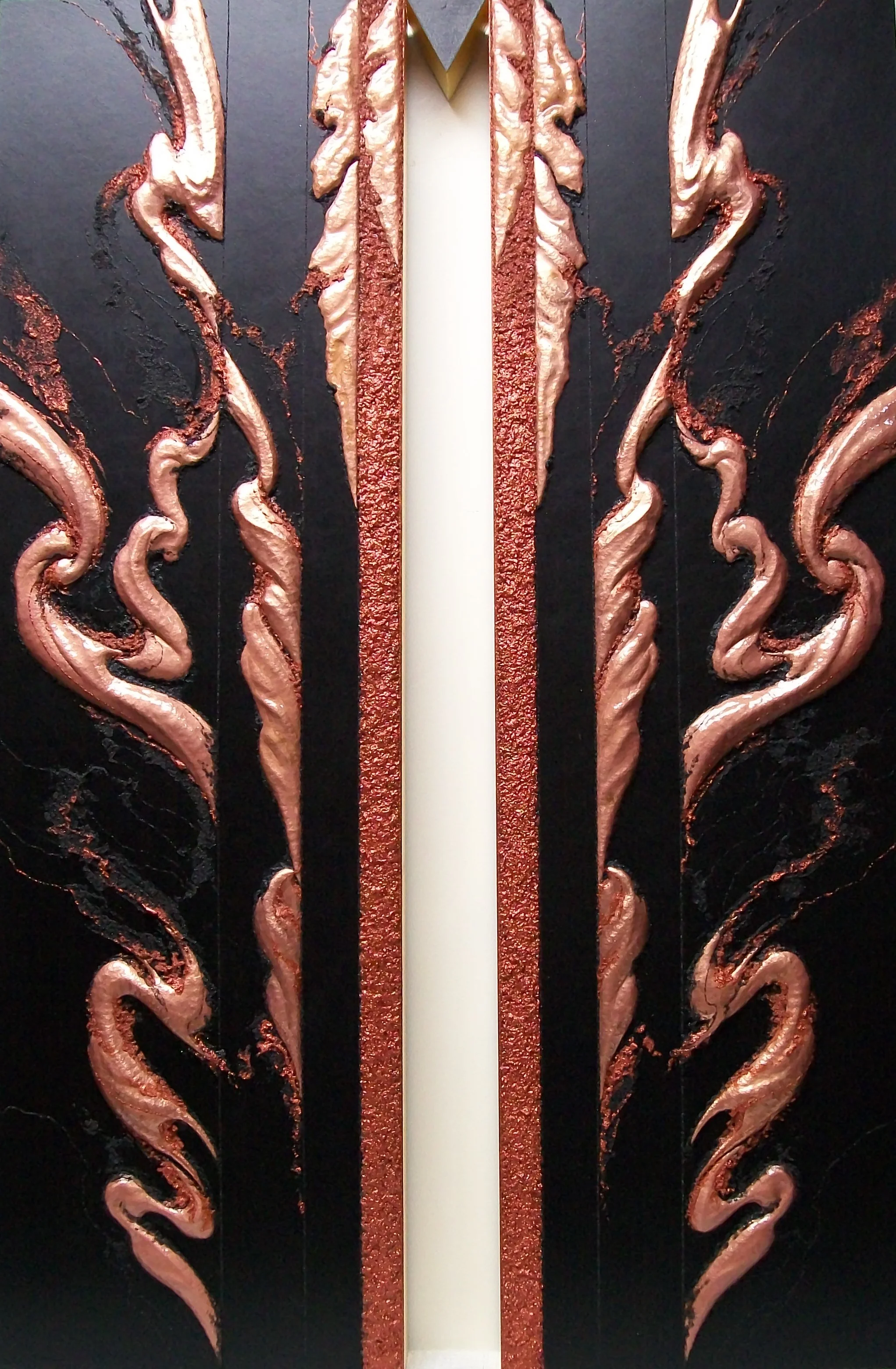 SHAKTI TRIPTYCH, Sattva , 2013. Central image, copper repoussé elements, mineral particles and threads and 23K on archival wood panel. Collection of JoAnn and Robert D. Huth.