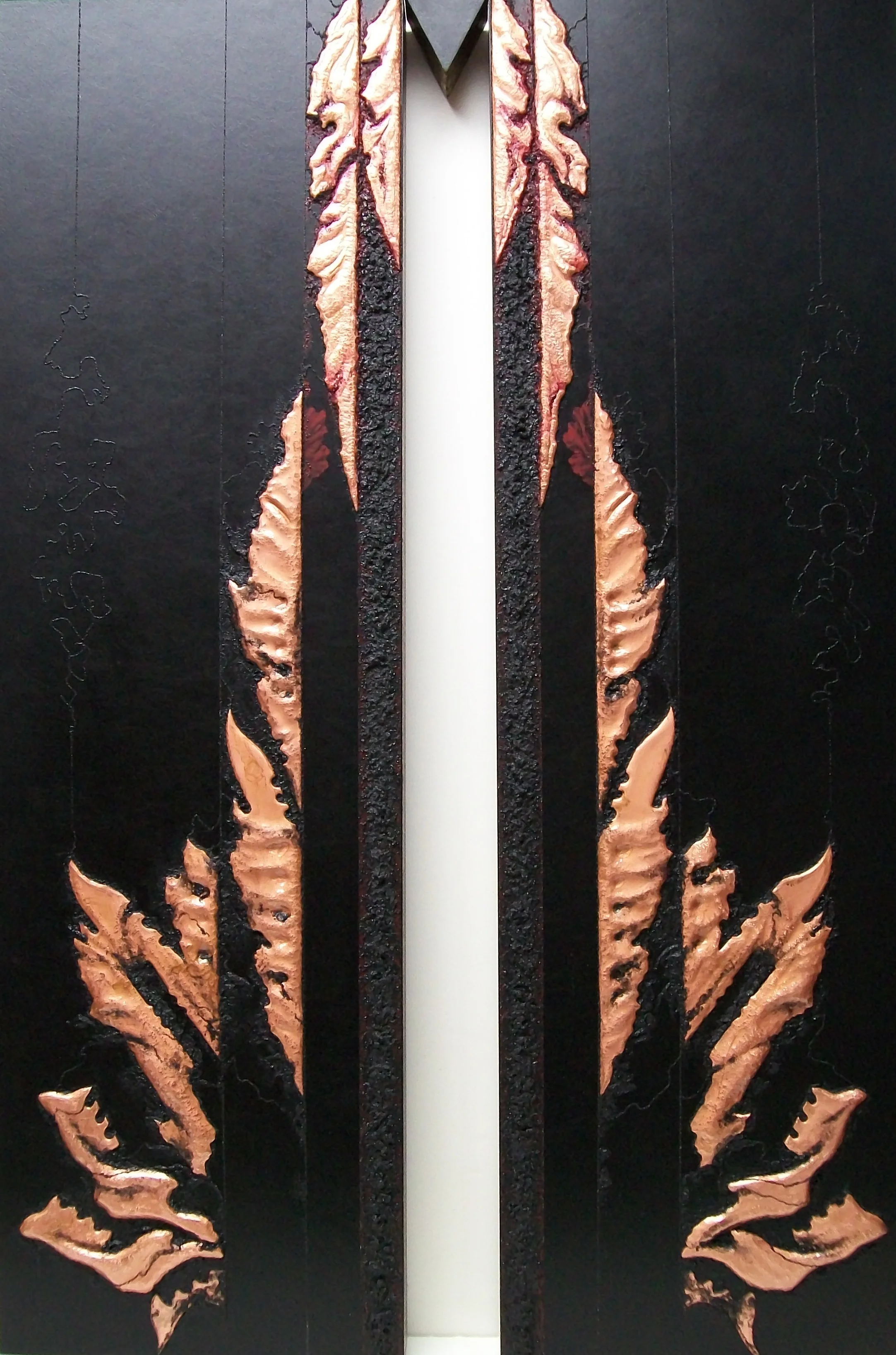 SHAKTI TRIPTYCH, Tamas , 2013. Right image, copper repoussé elements, mineral particles and threads and 23K on archival wood panel. Collection of JoAnn and Robert D. Huth.