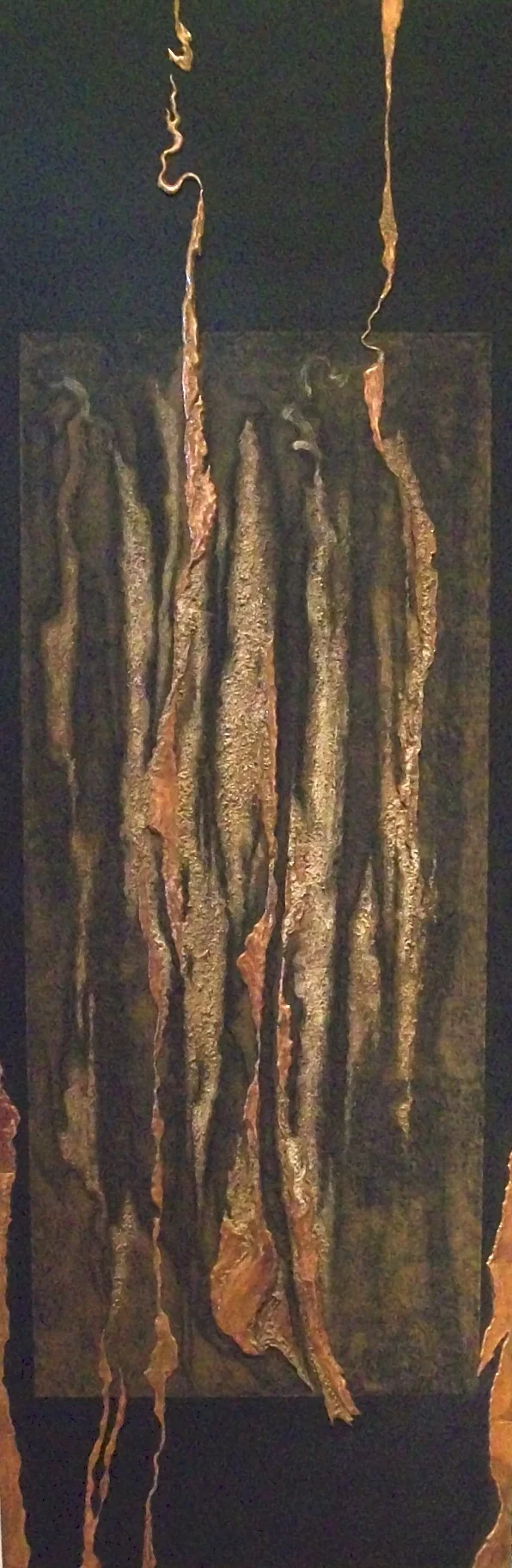YARA DIPTYCH , Yara 1 , 2010, copper repoussé elements, mineral particles and acrylic on archival wood panel, 70H x 23.5W x 2D inches.