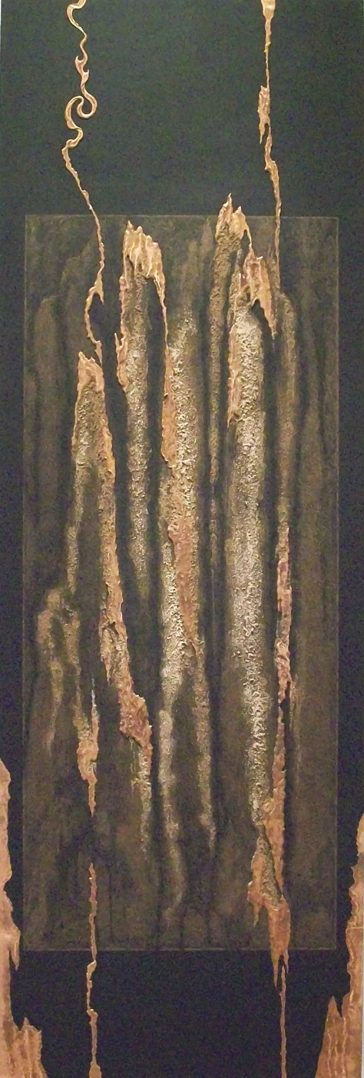 YARA DIPTYCH , Yara 2, 2010, copper repoussé elements, mineral particles and acrylic on archival wood panel, 70H x 23.5W x 2D inches.