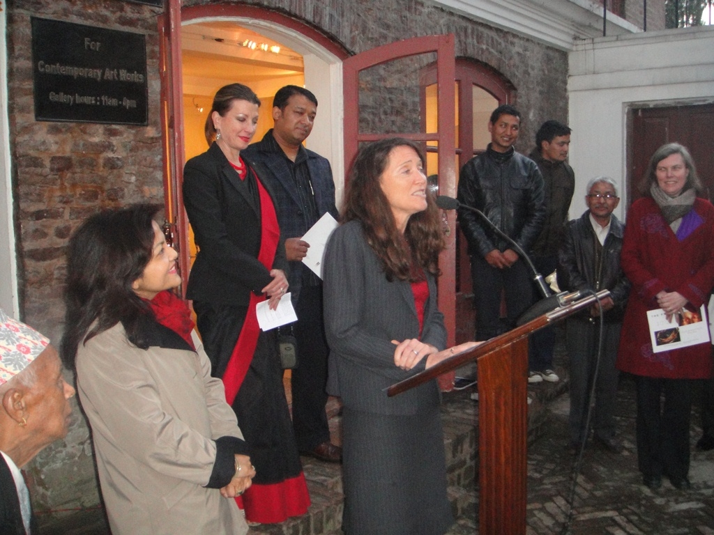 U.S. Deputy of Mission Patricia Mahoney, SAG Dir. Sangeeta Thapa and USEF Dir. Dr. Laurie Vasily, opens Drdak's Fulbright exhibition with Rabindra Shakya at Siddhartha Art Gallery, Kathmandu, 2012.