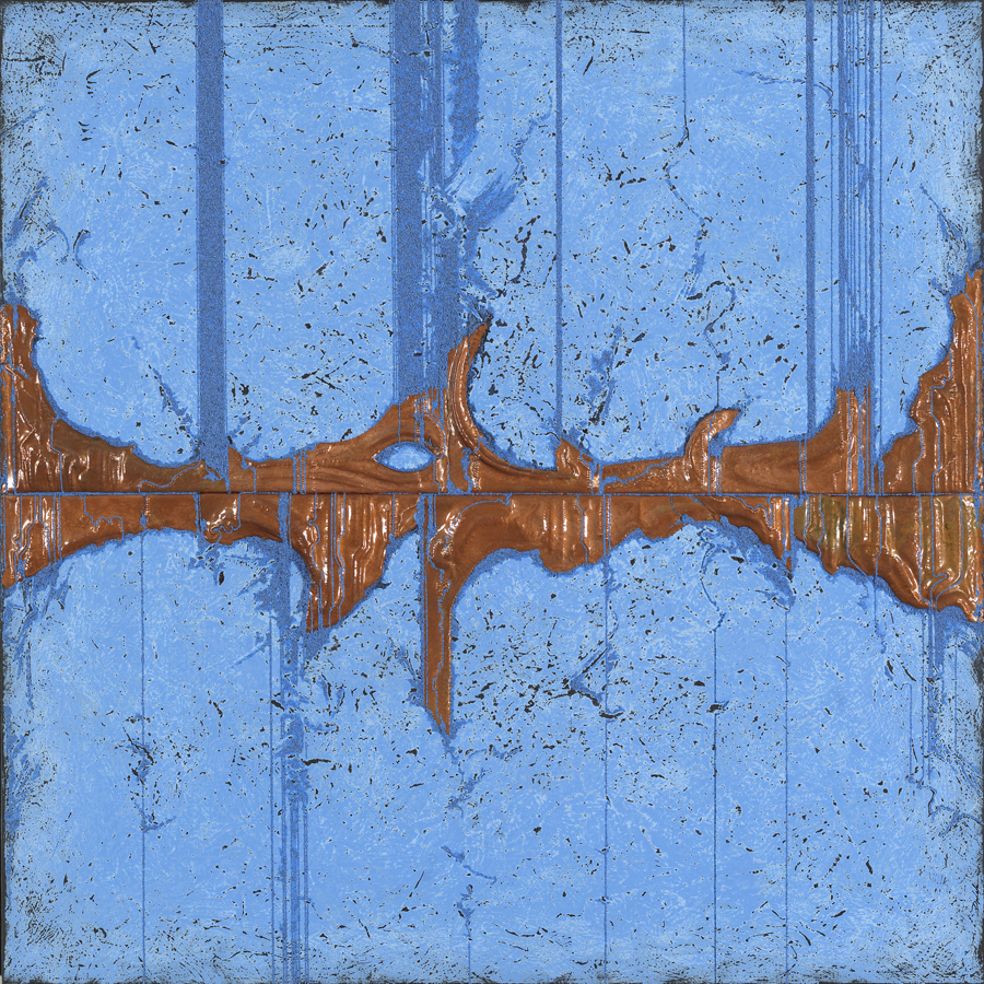 Oracle 1, 2016, 26 x 26 x 1 inches, copper repoussé with mineral particles and acrylic on archival wood panel.