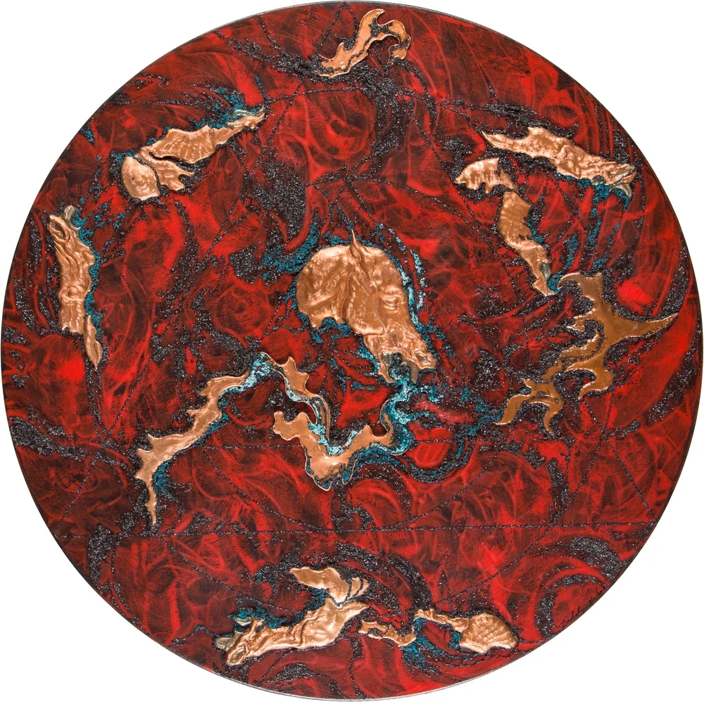 BURNING WORLD 3, 2015, 16 x .75 inches, copper repoussé elements, mineral particles and threads, platinum and acrylic on archival wood panel.