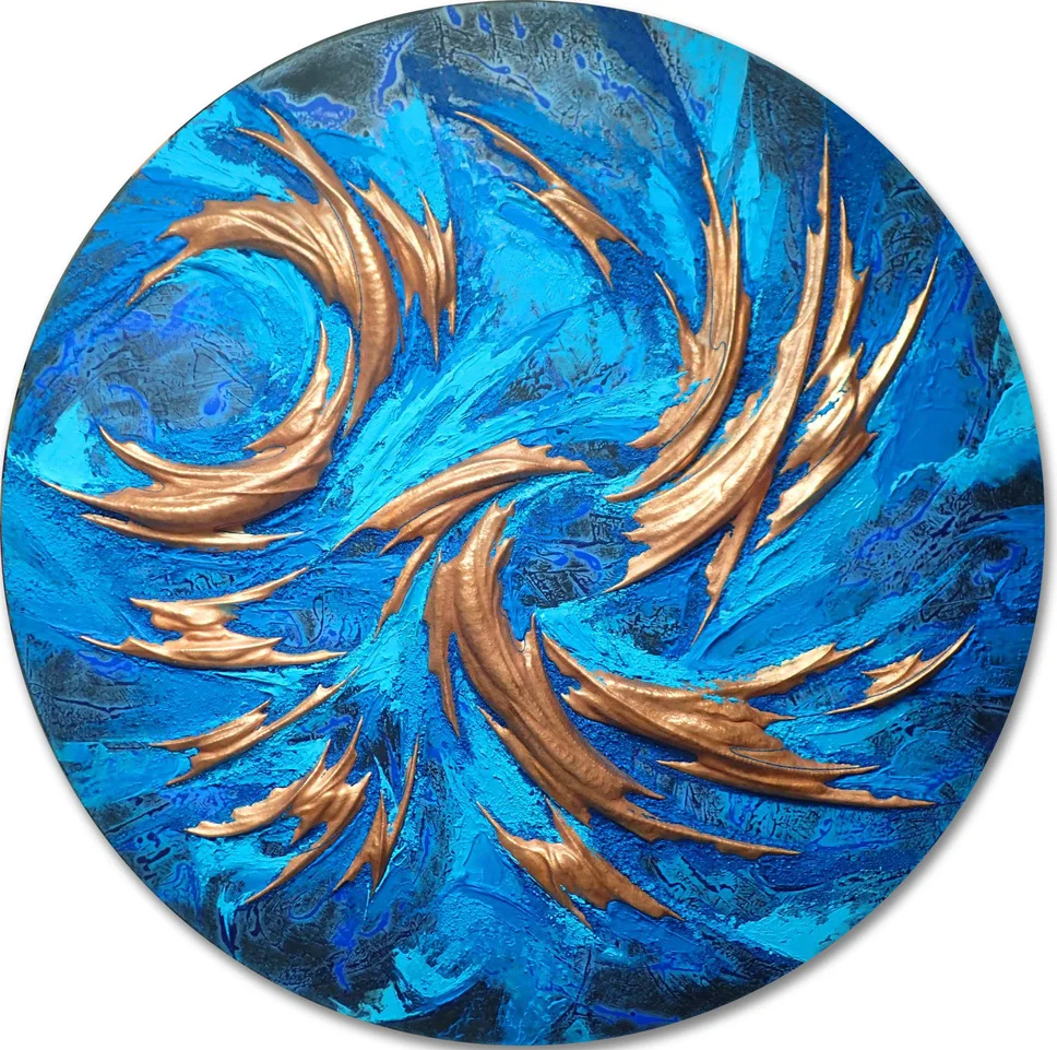 Aeolus, (private commission, Italy) 2019. Copper repoussé elements, acrylic and mineral particles on wood tondo, 36 x 1.5 inches.