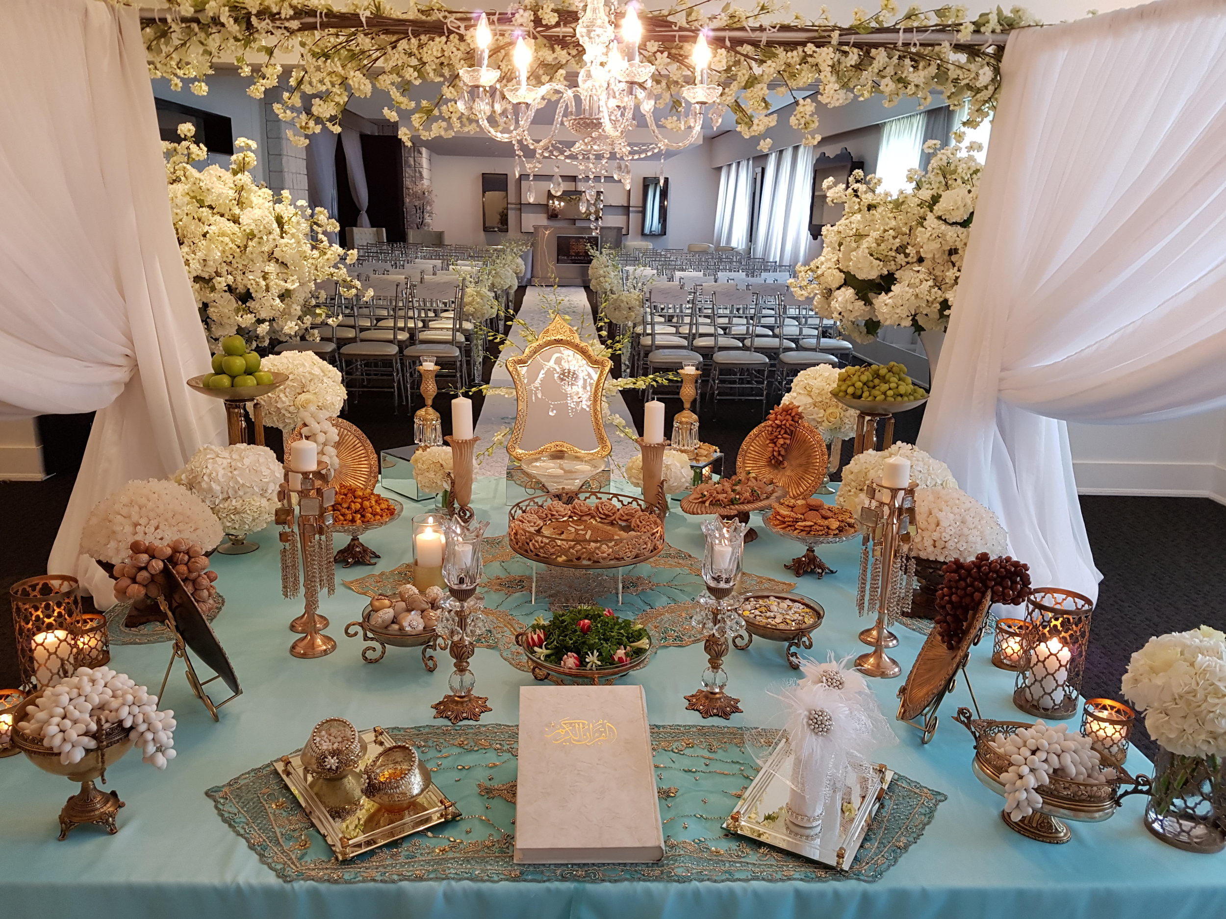 Antique with Turquoise Theme Sofreh set up in Grand Luxe Event Boutique-Toronto