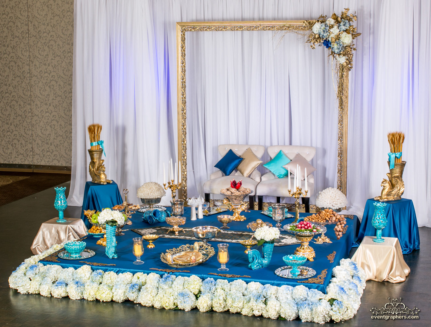 Gold/Turquoise Sofreh set up in Crystal Fountain Event in Markham-Ontario