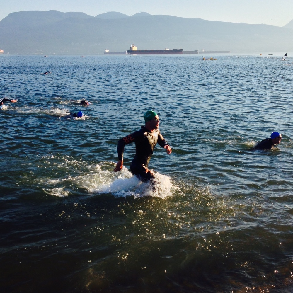 Running around the lap buoy, then back in for lap two