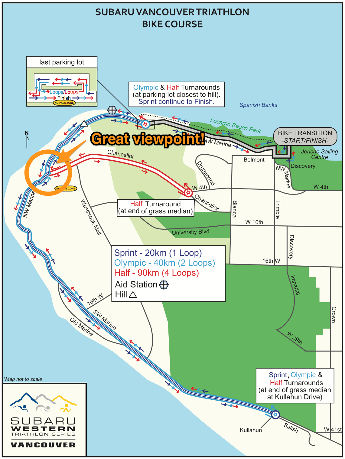 The 2014 Subaru Vancouver Triathlon (Half-Ironman distance) bike course had three out-and-back sections that all passed through one road junction – this spot was perfect for spectators as they would see athletes 3x per lap, for 4 laps!