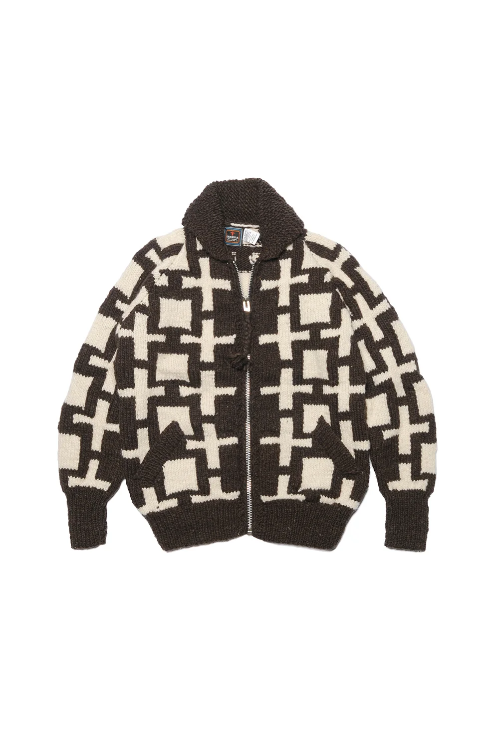 Cross & Squares Zipper Cardigan - Chocolate x Ivory