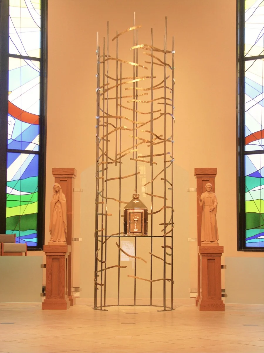 Tabernacle Enclosure St. Louis de Montfort Catholic church, Fishers Indiana steel and forged brass 14’ x 4’ x 4’ 2010