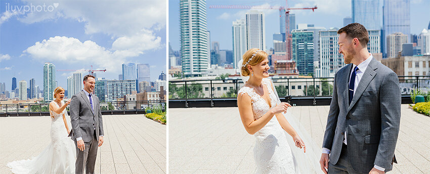  first look photos in chicago ace hotel in west loop before the wedding   