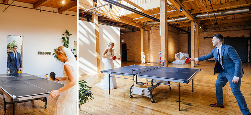  bridgeport art center ping pong match between bride and groom in chicago skyline lofts   