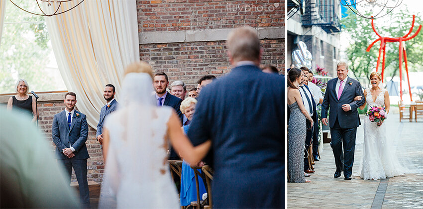  outdoor wedding ceremony in the sculpture garden at bridgeport art center.   