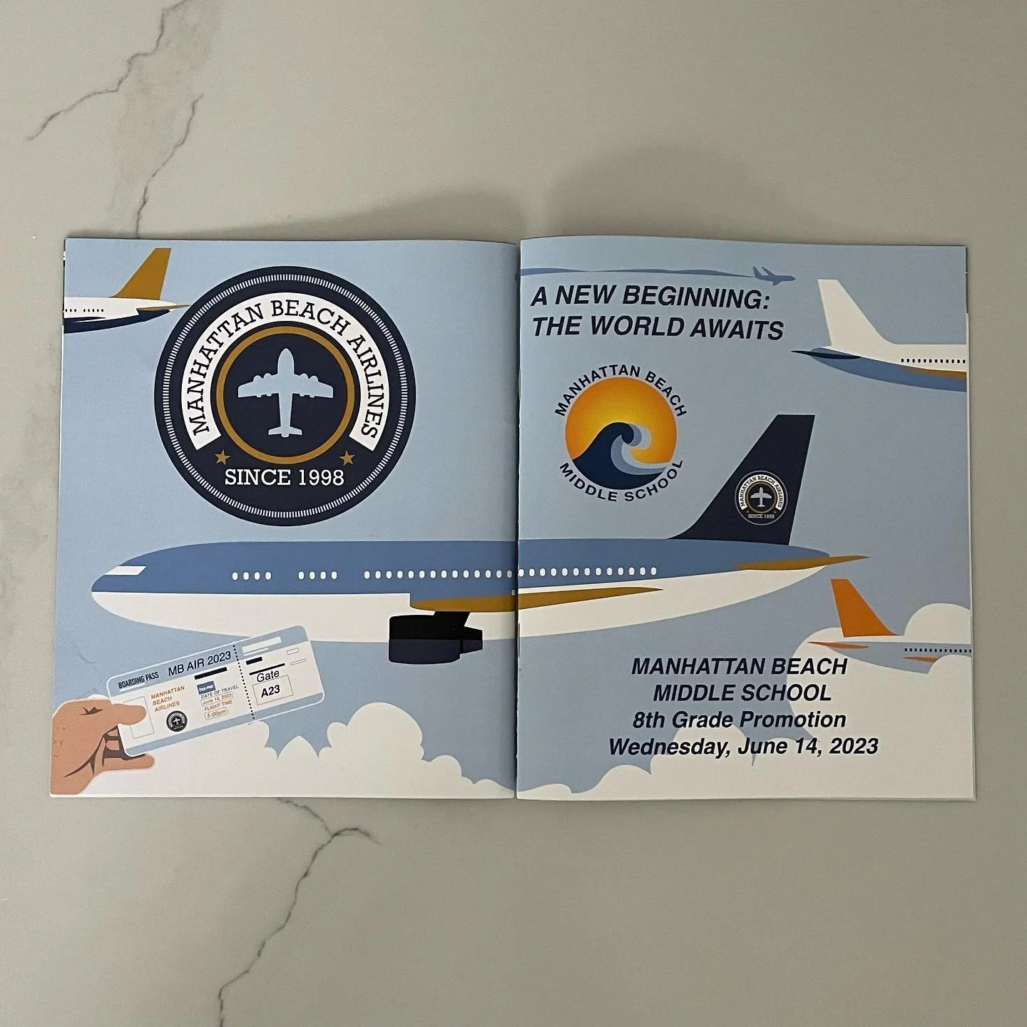 Another year, another promotion! Congrats to all the 8th graders movin on up! You will soar to new heights! @kirstensolsen @manhattanbeachmswaves @summersheets @nshepley 💛🧡🩵💙 ✈️ 🌊