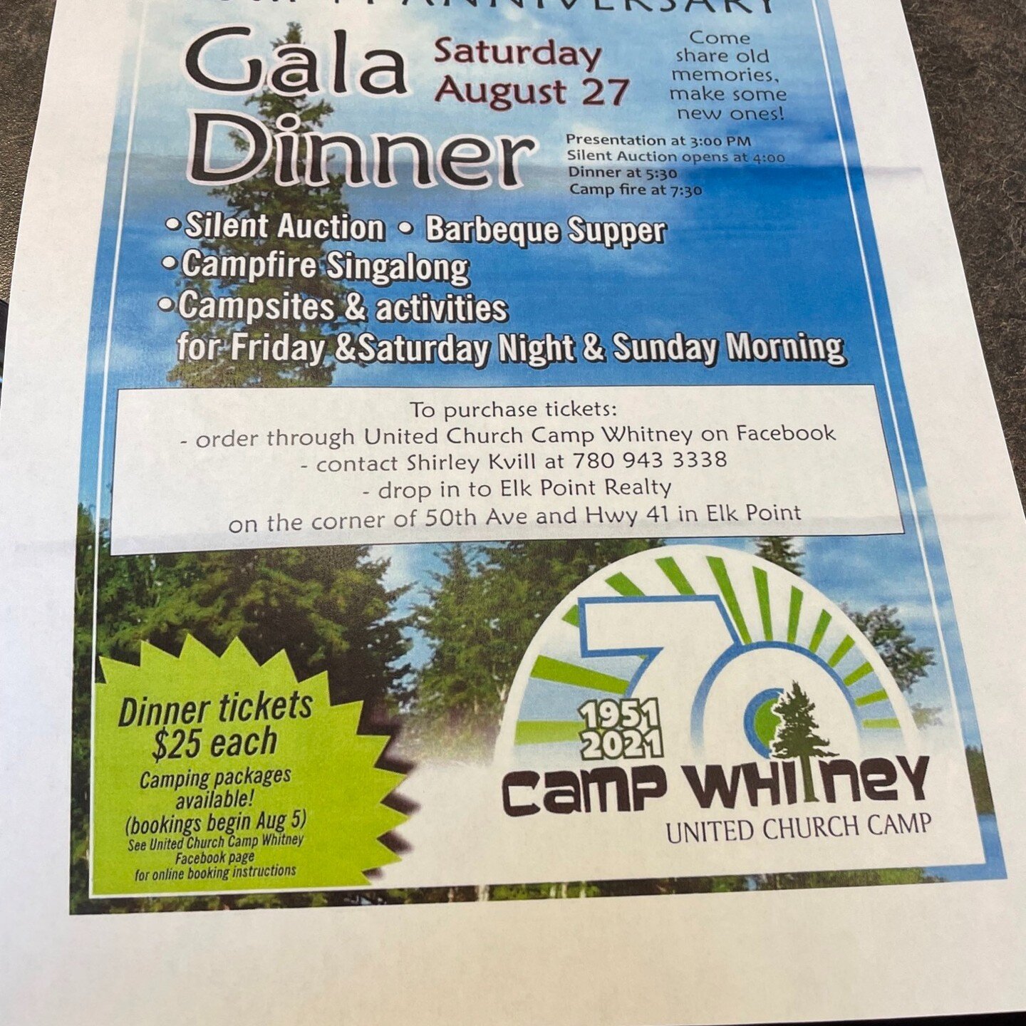 Camp Whitney Gala &amp; Campfire Singalong
Saturday, August 27th, 2022

United Church Camp Whitney
25km east of Elk Point on Highway 646

Please refer to poster for more information. If you wish to purchase a dinner ticket they are $25.00 each and ca