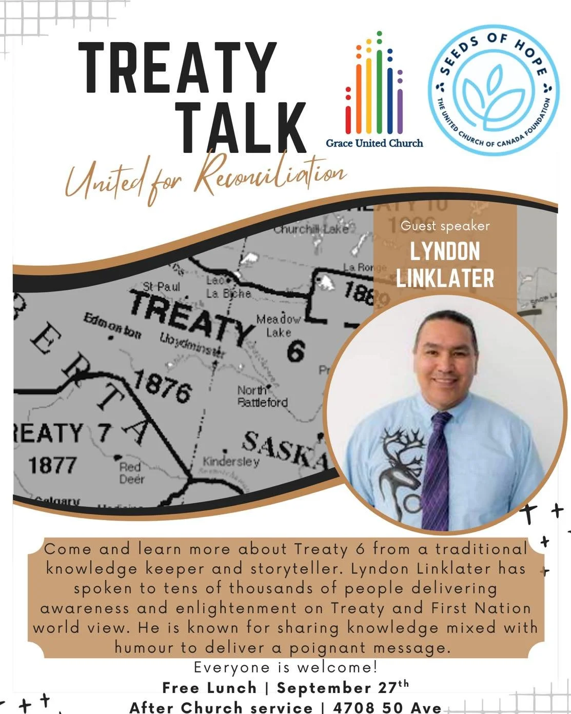 Come and learn more about Treaty 6 from a traditional knowledge keeper and storyteller. 

Lyndon Linklater has spoken to tens of thousands of people delivering awareness and enlightenment on Treaty and First Nation world view. 

He is know for sharin