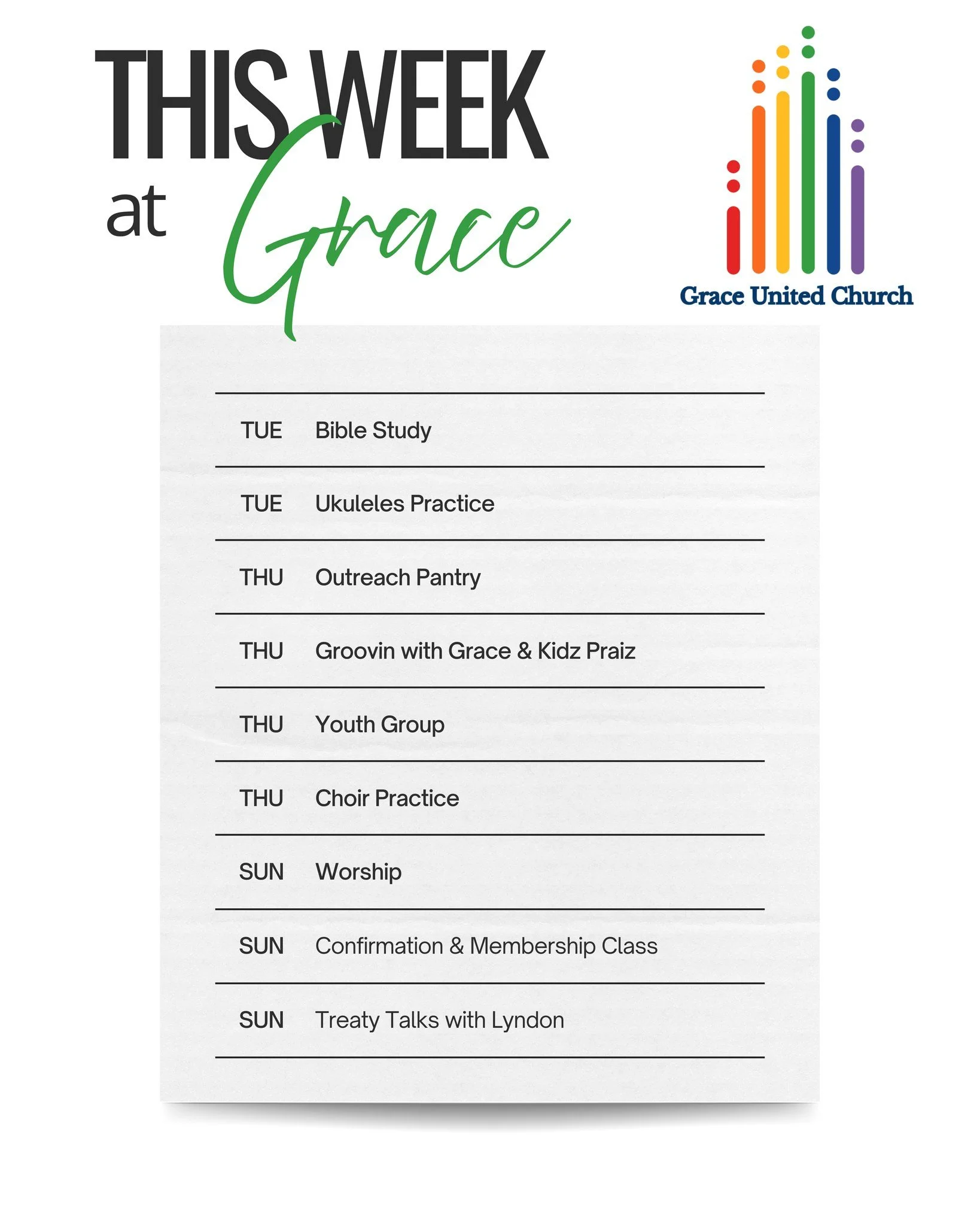 🌿 **This Week at Grace** 🌿

A new week is here, and there&rsquo;s lots happening at Grace United Church!

Here&rsquo;s your weekly reminder of upcoming **worship, Bible study, music, fellowship, and other activities** happening throughout the week.