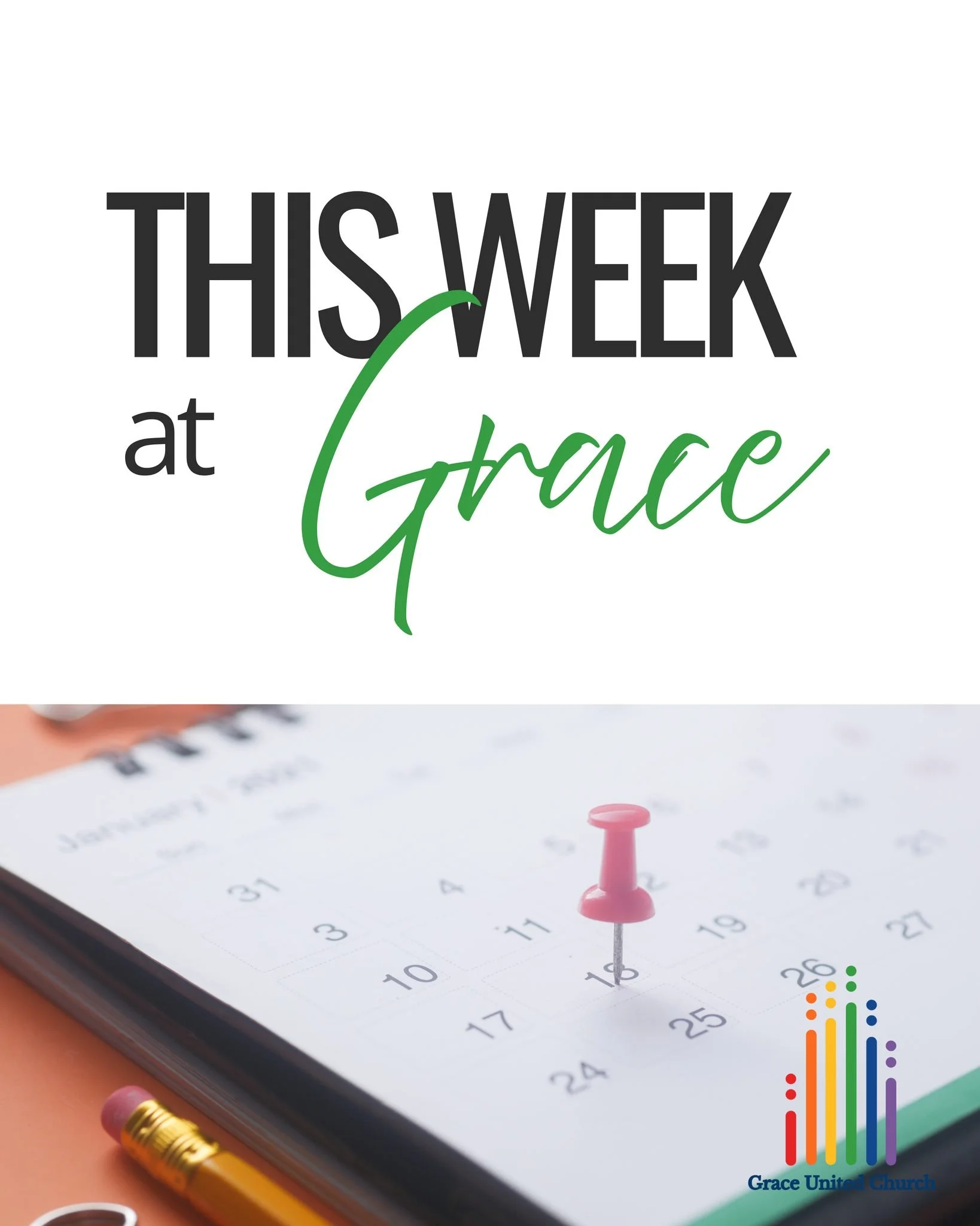 📅 This Week at Grace

A new week is here, and there&rsquo;s lots happening at Grace United Church!

From worship and Bible study to youth, music, fellowship, and opportunities to connect with our community, we invite you to take a look at what&rsquo