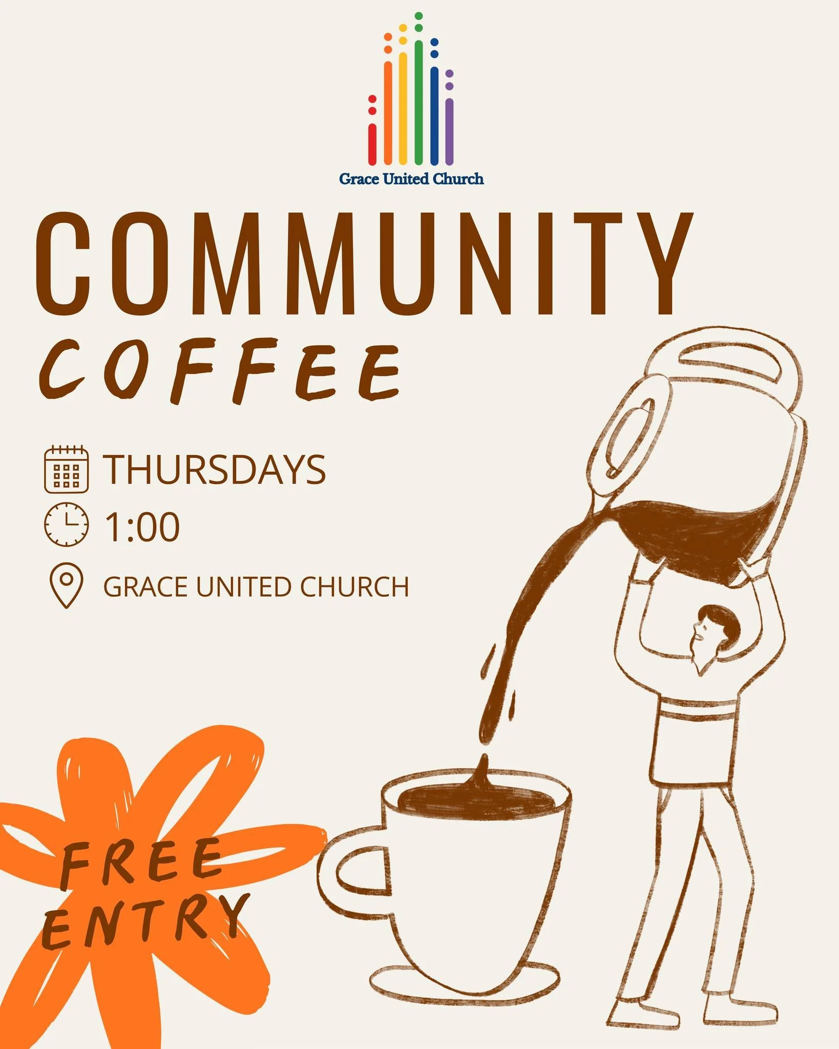 ☕ **Community Coffee** ☕

Sometimes a cup of coffee is just the invitation we need to slow down, connect, and spend a little time together.

Join us **Thursdays at 1:00 PM** for Community Coffee, happening alongside our **Outreach Pantry** at Grace U