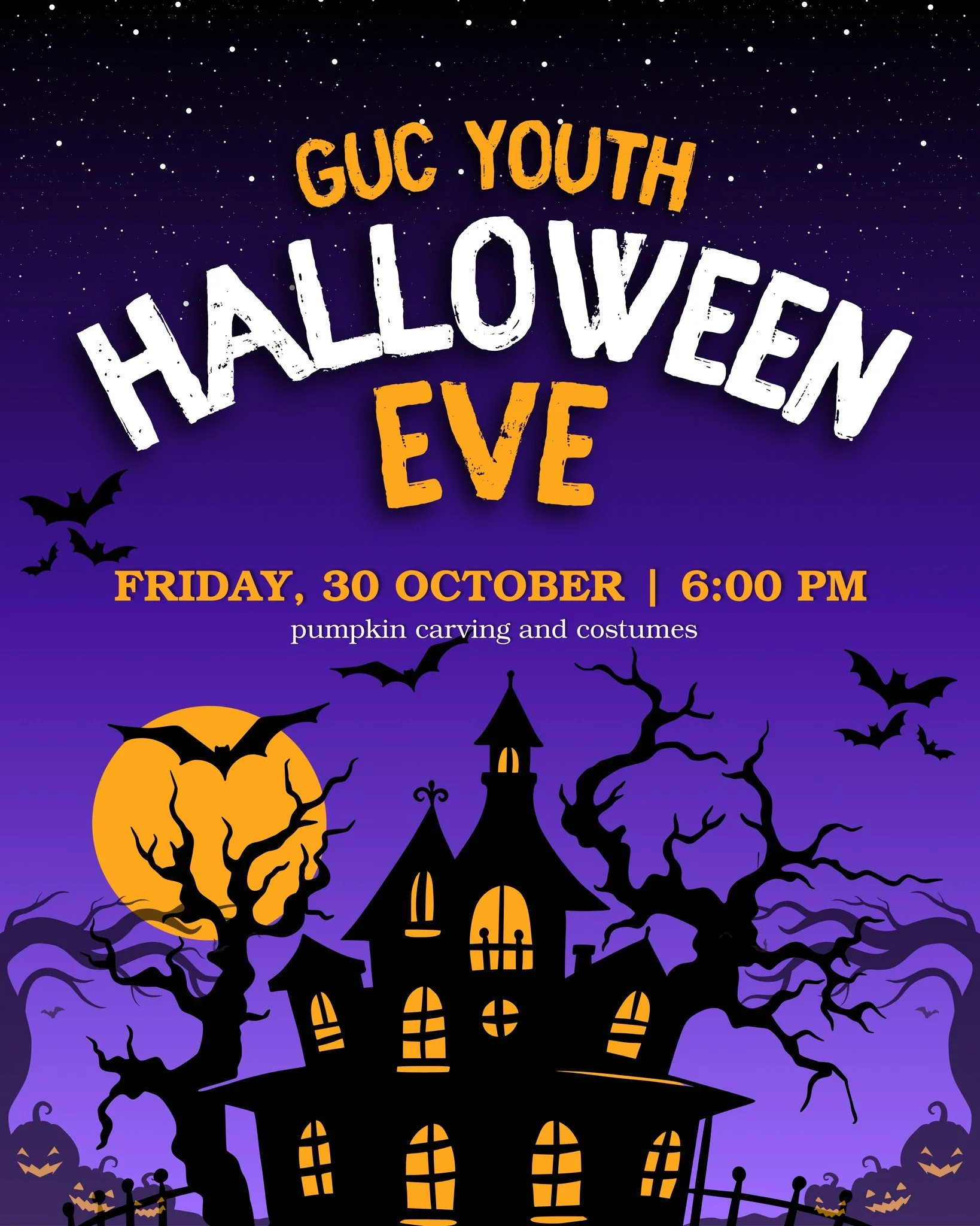 🎃 **Halloween Eve at Grace!** 👻

Get ready for a little Halloween fun! Join us on Halloween Eve at **6:00 PM** for a pumpkin carving night.

🎃 Bring your creativity!
👻 Costumes are encouraged!
🧡 Bring a friend and get into the Halloween spirit!
