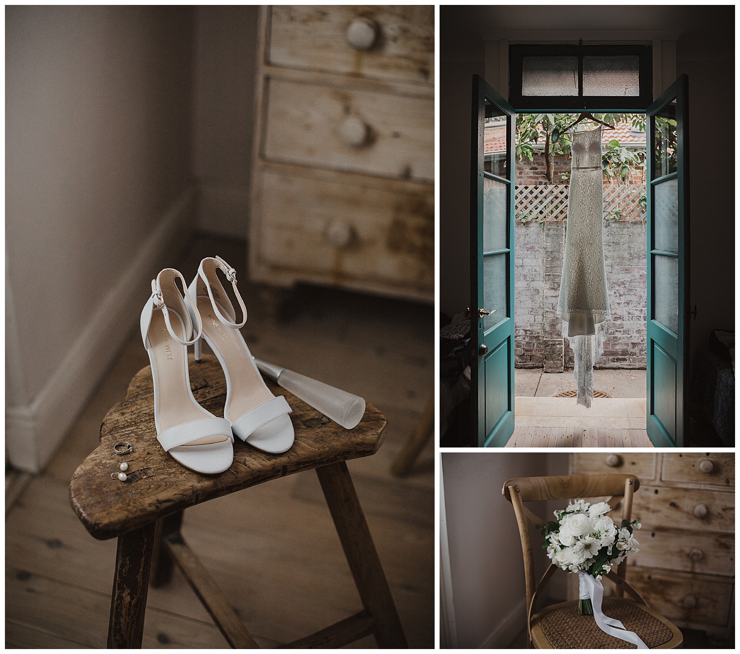 Brides details including shoes by Nine West, Flowers by Poho, and dress by Karen Willis Holmes