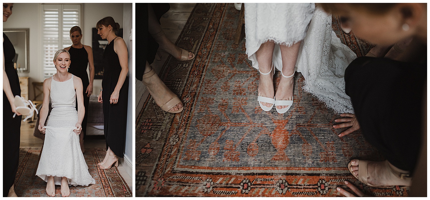 Sydney bride is helped into her wedding shoes by bridesmaids
