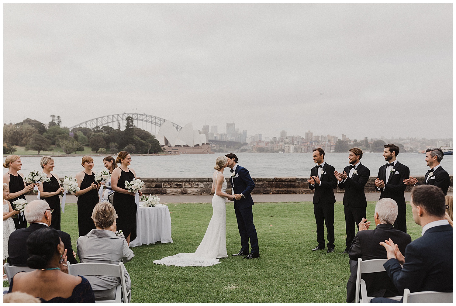 A couple's first kiss at a Sydney Royal Botanic Gardens Wedding