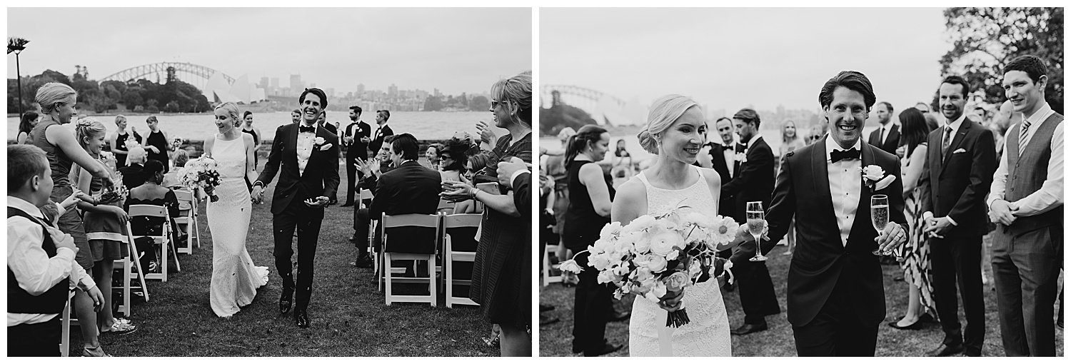 Candid moments as the bride and groom walk down the aisle in the Royal Botanic Gardens Sydney